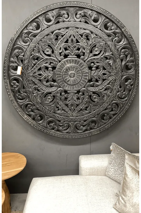 Grote ronde mandala wanddecoratie houtsnijwerk 150 cm zwart