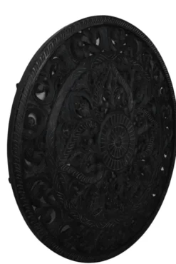 Grote ronde mandala wanddecoratie houtsnijwerk 150 cm zwart