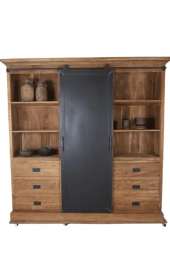 Grote stoere teak houten vitrine kast met metalen schuifdeur 220cm
