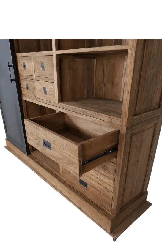 Grote stoere teak houten vitrine kast met metalen schuifdeur 220cm