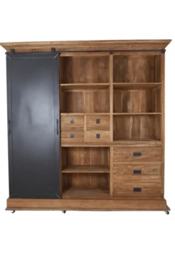 Grote stoere teak houten vitrine kast met metalen schuifdeur 220cm