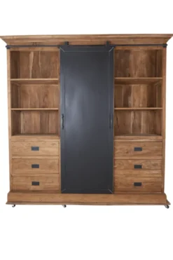 Grote stoere teak houten vitrine kast met metalen schuifdeur 220cm
