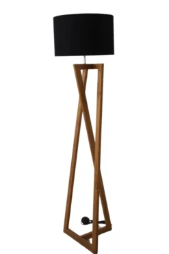 Houten Vloerlamp met Zwarte Kap – Strak Design