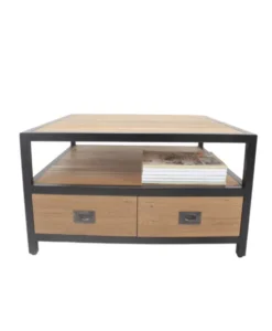 Industriële Salontafel van glad Teak hout en Metaal