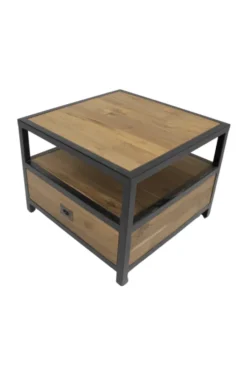 Industriële Salontafel van glad Teak hout en Metaal