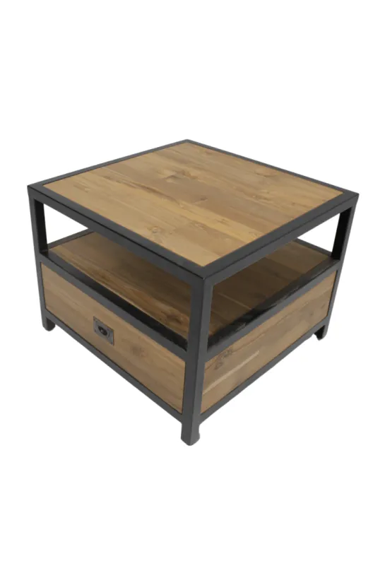 Industriële Salontafel van glad Teak hout en Metaal