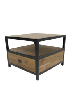 Industriële Salontafel van glad Teak hout en Metaal