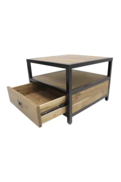 Industriële Salontafel van glad Teak hout en Metaal