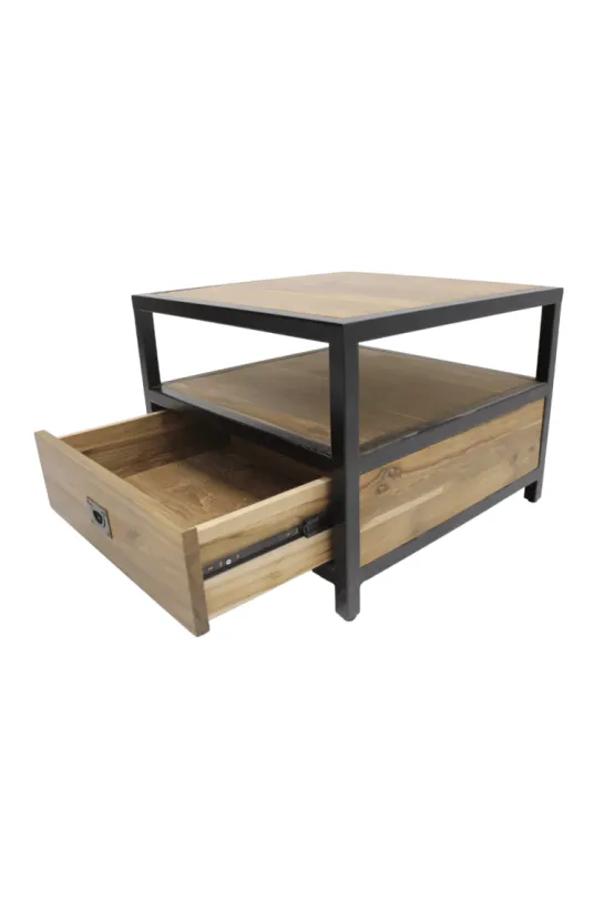 Industriële Salontafel van glad Teak hout en Metaal