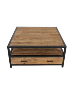 Industriële Salontafel van ruw Teak hout en Metaal