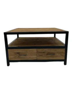 Industriële Salontafel van ruw Teak hout en Metaal