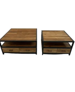 Industriële Salontafel van ruw Teak hout en Metaal