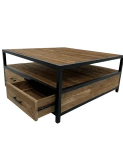 Industriële Salontafel van ruw Teak hout en Metaal