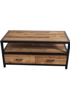Industriële Salontafel van ruw Teak hout en Metaal