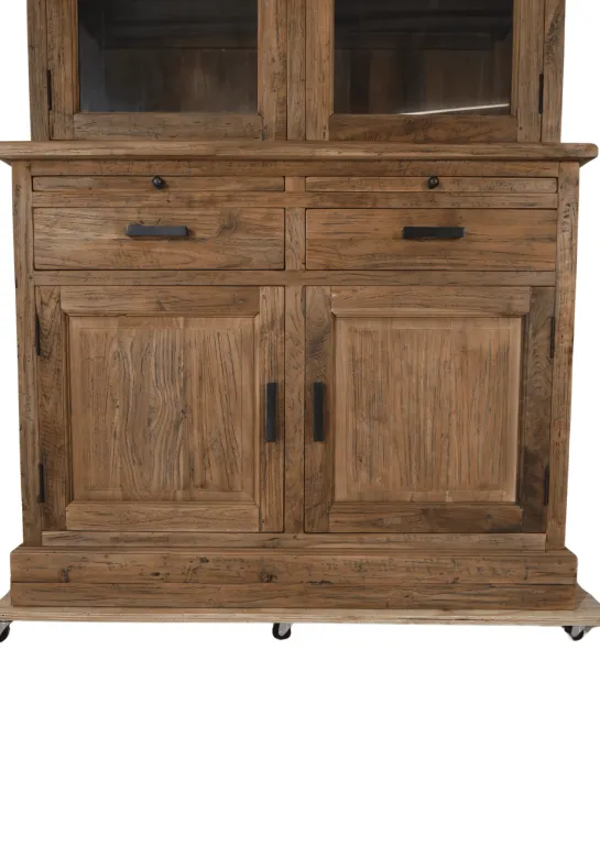 Kleine landelijke massief teak vitrinekast 120 cm
