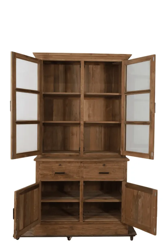 Kleine landelijke massief teak vitrinekast 120 cm