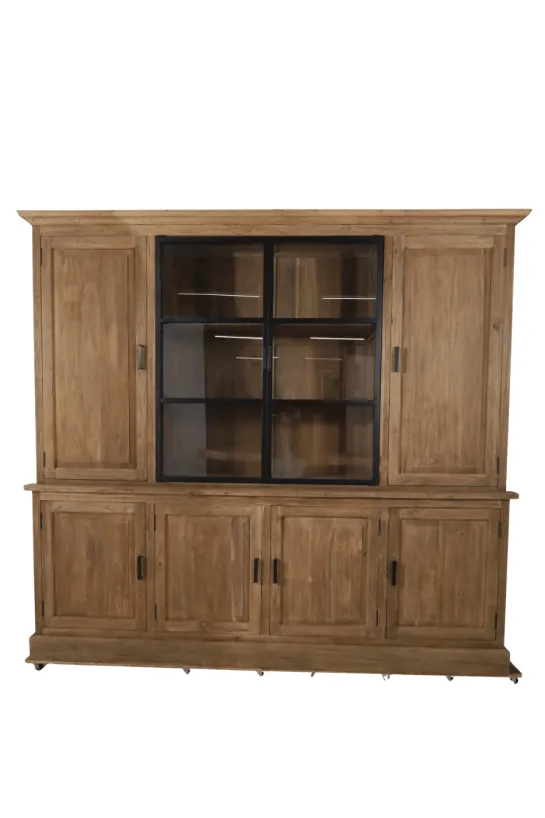 Landelijke teak houten boerderij stijl vitrinekast met metalen deuren 240 cm