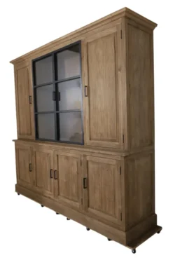 Landelijke teak houten boerderij stijl vitrinekast met metalen deuren 240 cm
