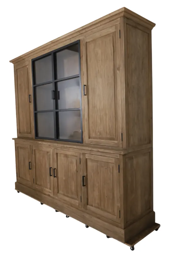 Landelijke teak houten boerderij stijl vitrinekast met metalen deuren 240 cm