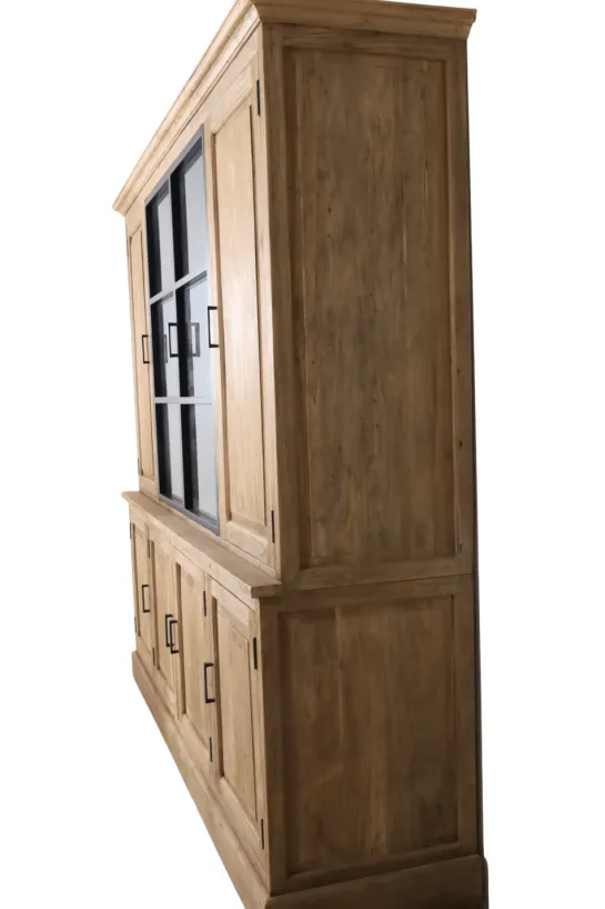 Landelijke teak houten boerderij stijl vitrinekast met metalen deuren 240 cm