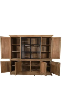Landelijke teak houten boerderij stijl vitrinekast met metalen deuren 240 cm