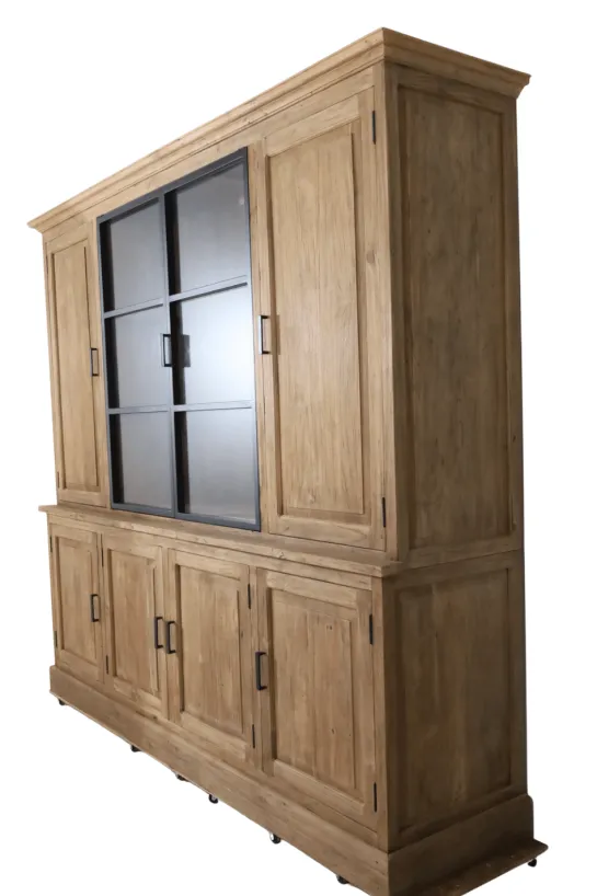 Landelijke teak houten boerderij stijl vitrinekast met metalen deuren 240 cm