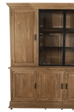 Landelijke teak houten boerderij stijl vitrinekast met metalen deuren 240 cm