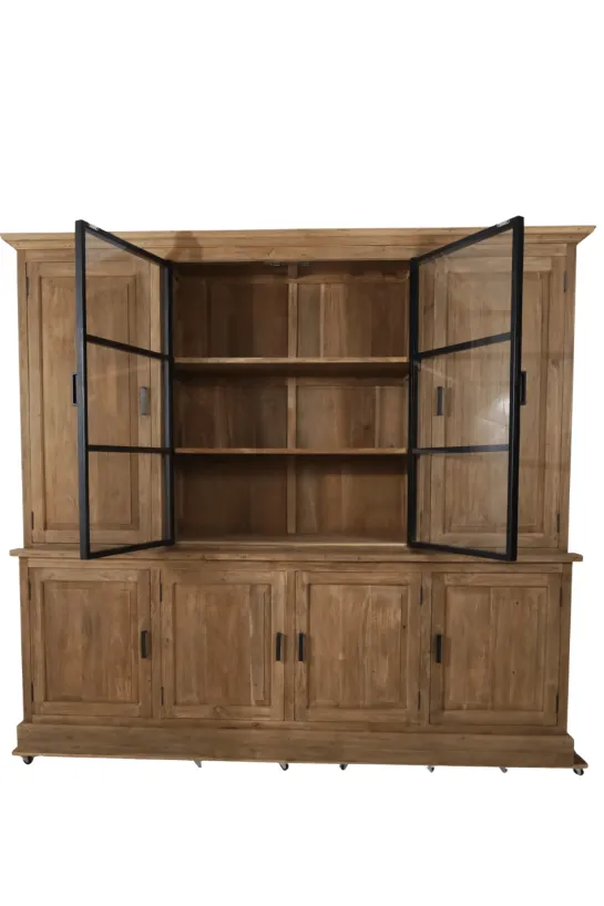 Landelijke teak houten boerderij stijl vitrinekast met metalen deuren 240 cm