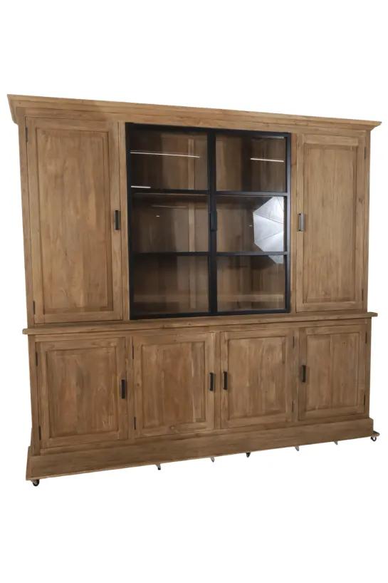 Landelijke teak houten boerderij stijl vitrinekast met metalen deuren 240 cm