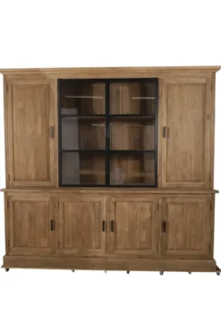 Landelijke teak houten boerderij stijl vitrinekast met metalen deuren 240 cm