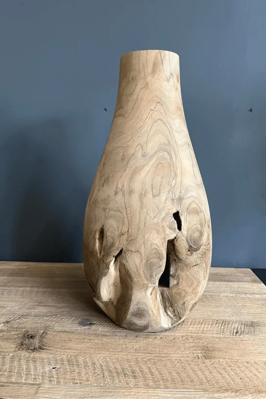 Mooie flessen vaas teak hout