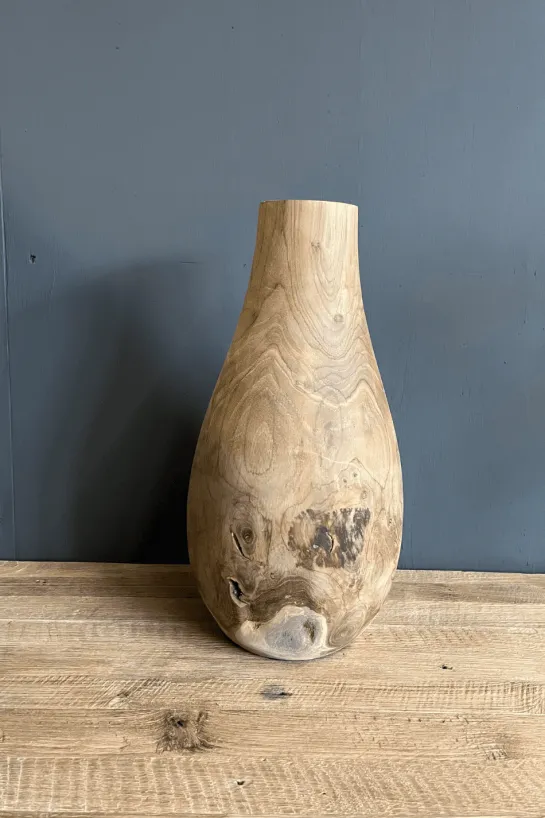 Mooie flessen vaas teak hout