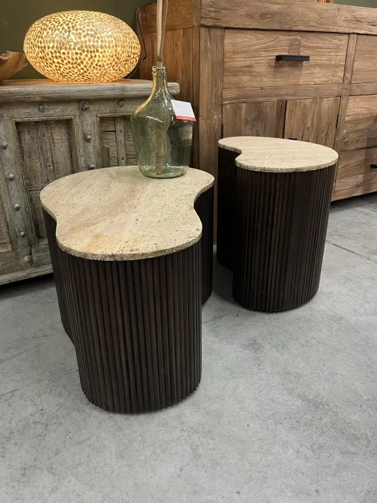 Organische Salontafels van Mango Hout met Travertin Blad set van 2