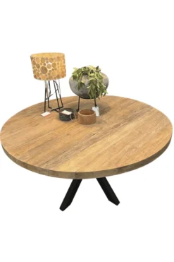 Ronde eettafel van gerecycled teak – Ø140 cm – metalen matrixpoot