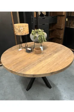 Ronde eettafel van gerecycled teak – Ø140 cm – metalen matrixpoot