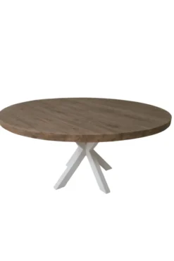 Ronde Massieve Teak Houten Eettafel 160 cm met Witte Kruispoot