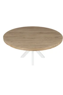 Ronde Massieve Teak Houten Eettafel 160 cm met Witte Kruispoot