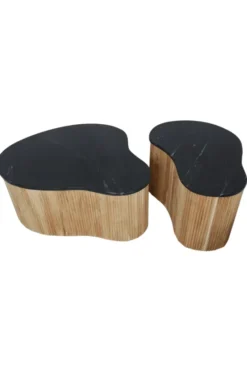 set van 2 Organische Salontafels van Acacia Hout met Zwart Marmeren Blad