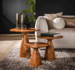 Set van 3 ronde houten tafeltjes