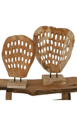 Teak houten decoratie schijf op statief