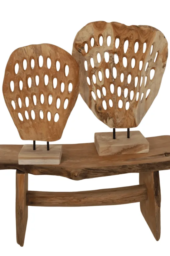 Teak houten decoratie schijf op statief