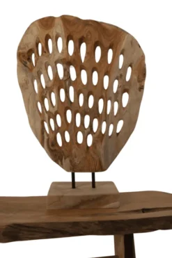 Teak houten decoratie schijf op statief