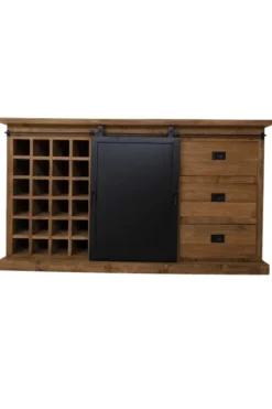 Teak houten dressoir met metalen schuifdeur en wijnrek 160 cm