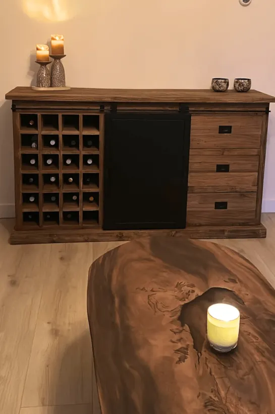 Teak houten dressoir met metalen schuifdeur en wijnrek 160 cm