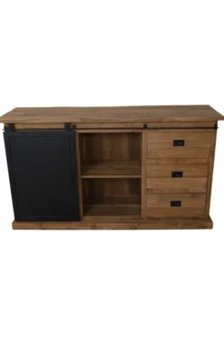 Teak houten dressoir met metalen schuifdeur en wijnrek 160 cm