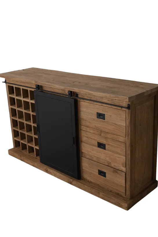 Teak houten dressoir met metalen schuifdeur en wijnrek 160 cm
