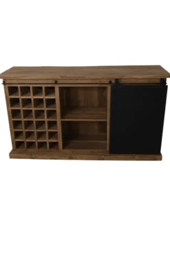 Teak houten dressoir met metalen schuifdeur en wijnrek 160 cm