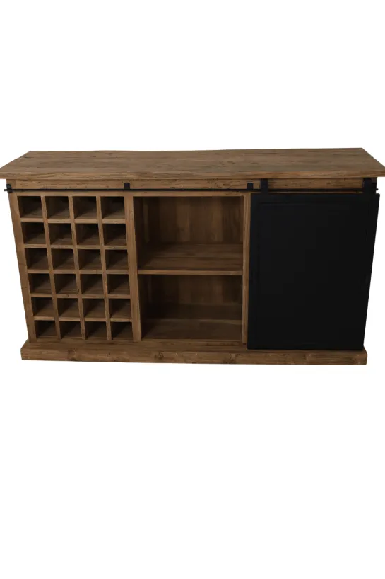 Teak houten dressoir met metalen schuifdeur en wijnrek 160 cm