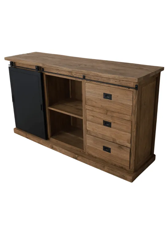 Teak houten dressoir met metalen schuifdeur en wijnrek 160 cm