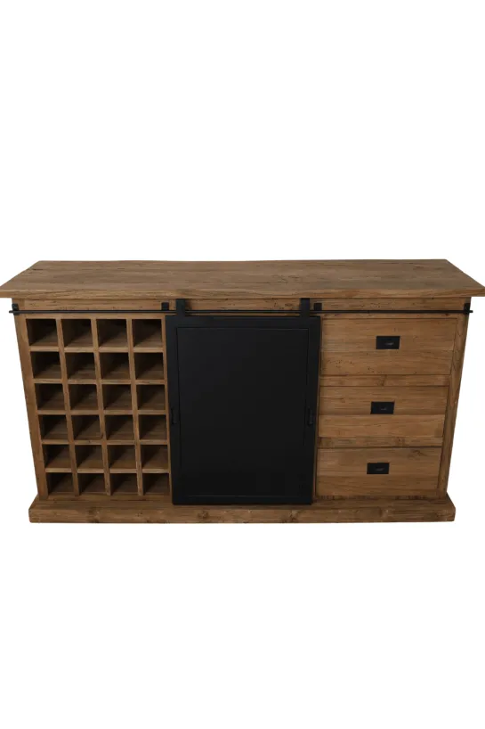 Teak houten dressoir met metalen schuifdeur en wijnrek 160 cm